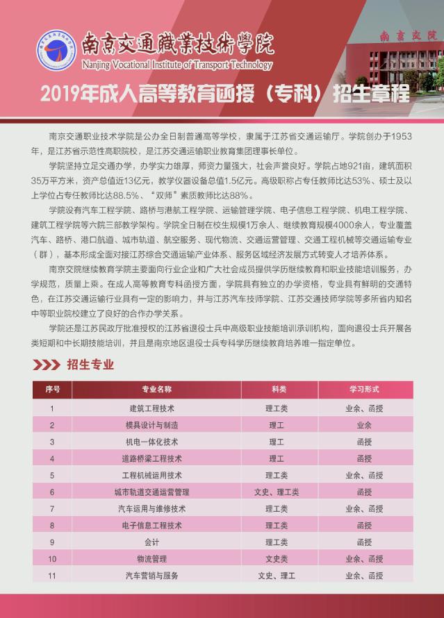 南京交通职业技术学院2019年专科函授招生简章