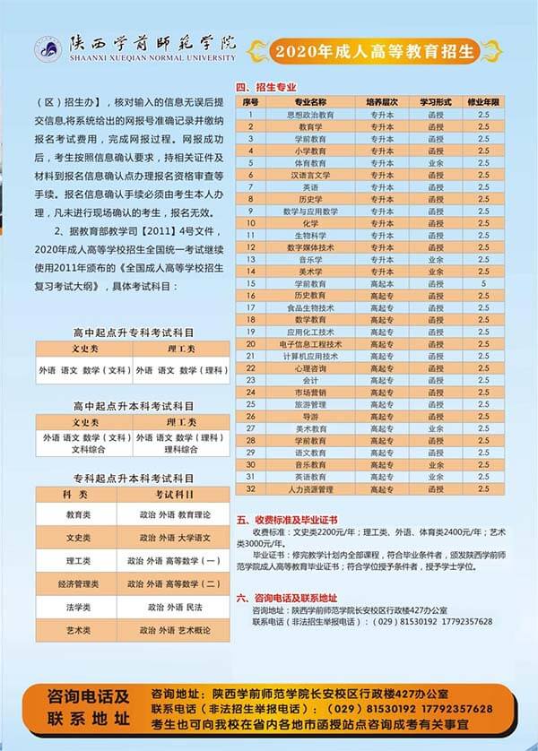 陕西学前师范学院2020年成人教育招生简章