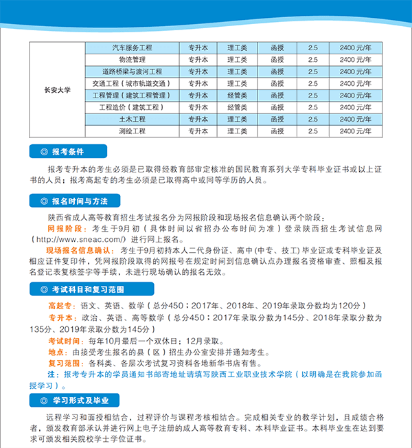 陕西工业职业技术学院2020年高等学历继续教育招生简章