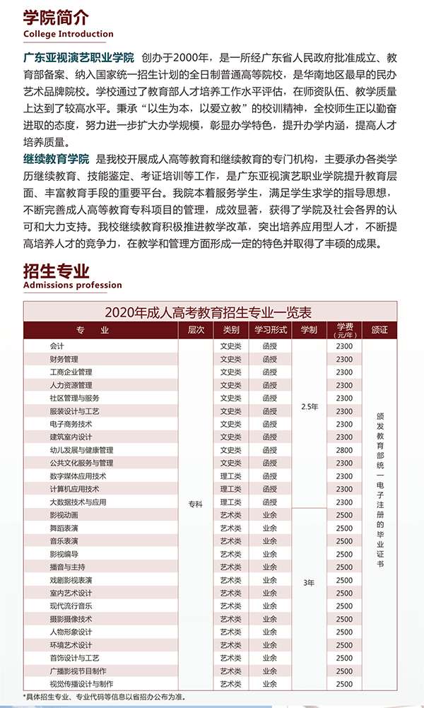 广东亚视演艺职业学院2020年成人高等学历教育招生简章