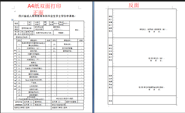 西南财经大学2020下半年成教本科毕业生申请学位申请表打印格式