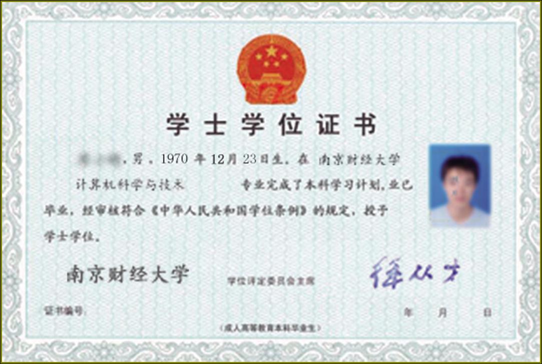南京财经大学成人学士学位证书样本