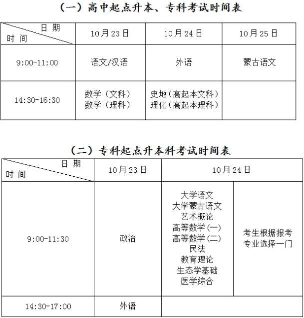 2021年内蒙古自治区成人高校招生统一考试时间表